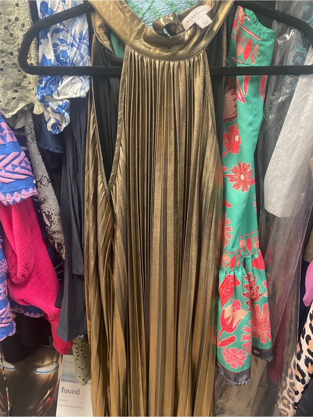 Warehouse Metallic Gold Pleated Halter Maxi Dress - Picture 3 of 3